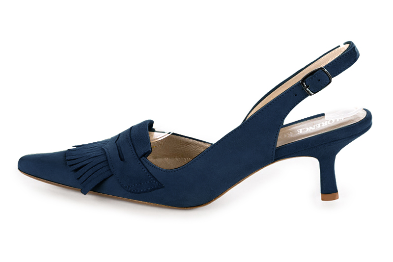Navy blue women's slingback shoes. Pointed toe. Medium spool heels. Profile view - Florence KOOIJMAN